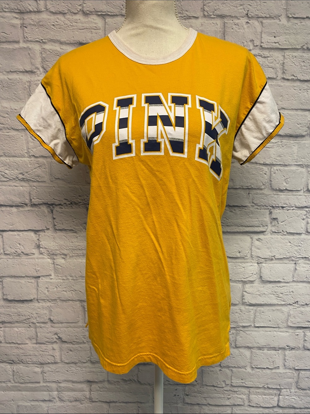 PINK Victoria's Secret Yellow & White Ringer Graphic Tee Size XS
